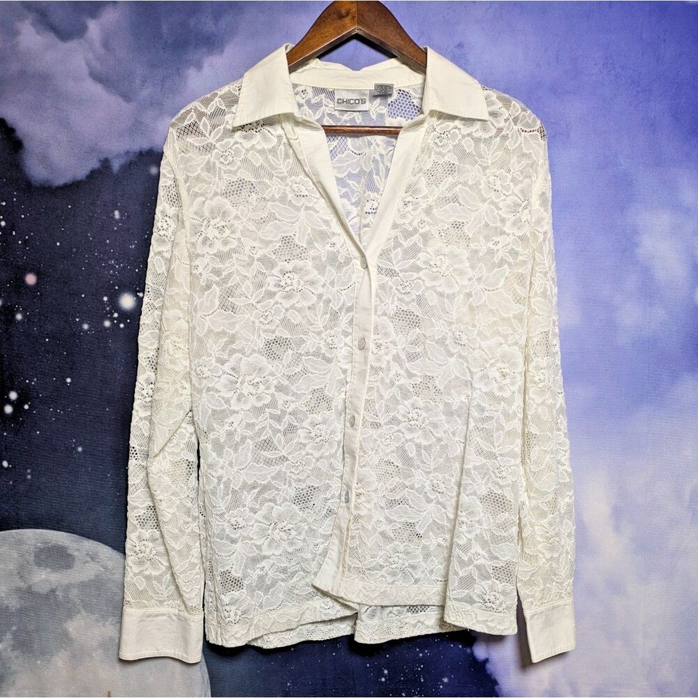 Chico’s White Lace Button Front Blouse Size 2 Sheer Romantic Whimsigoth Cottage